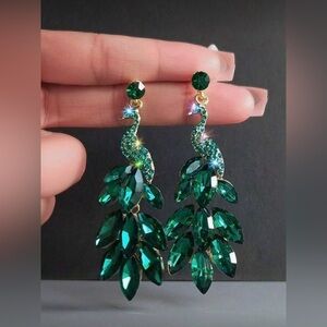 Emerald Green Crystal Peacock Drop Earrings